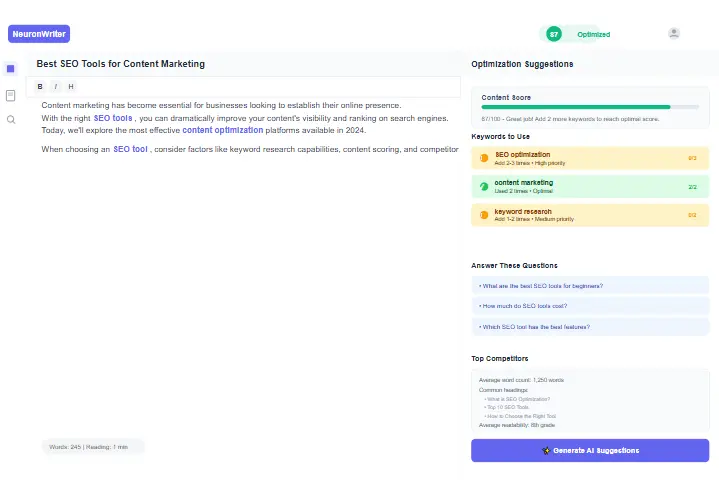 NeuronWriter dashboard interface showing content editor and optimization suggestions