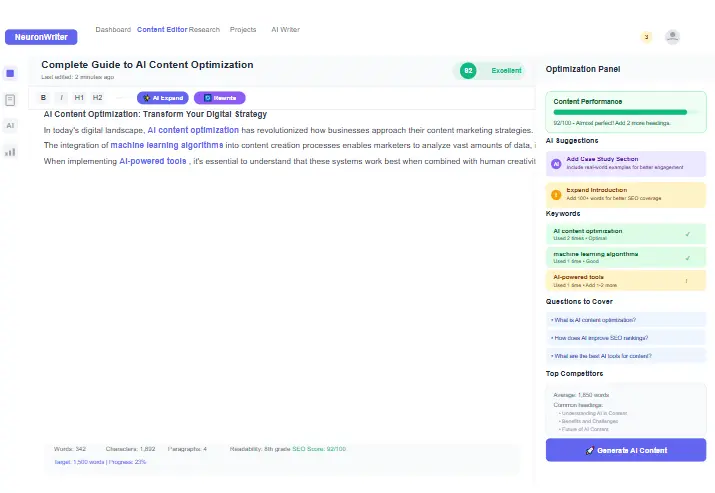NeuronWriter user interface showing dashboard and content optimization features