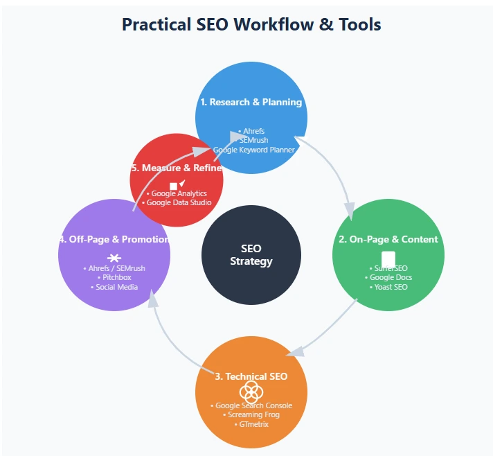 Professional SEO specialist workspace showing practical SEO workflow and tools