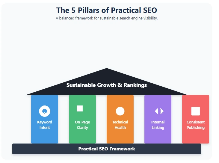 The five pillars of Practical SEO framework showing keyword intent, on-page clarity, technical health, internal linking, and consistent publishing