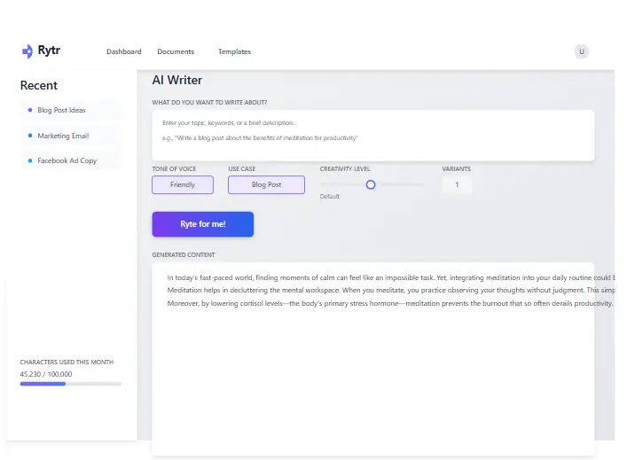 Rytr AI Writing Dashboard