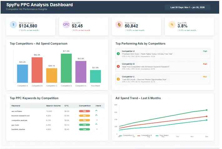 SpyFu PPC analysis dashboard showing competitor ad performance