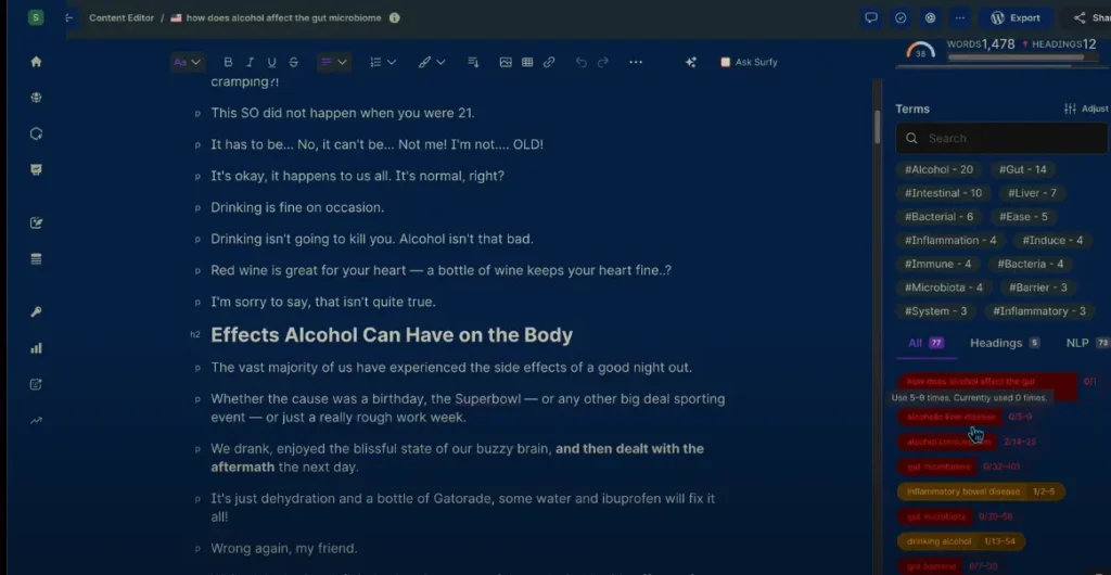 Best SEO Tools content editor view showing SEO Surfer optimization suggestions and topic coverage
