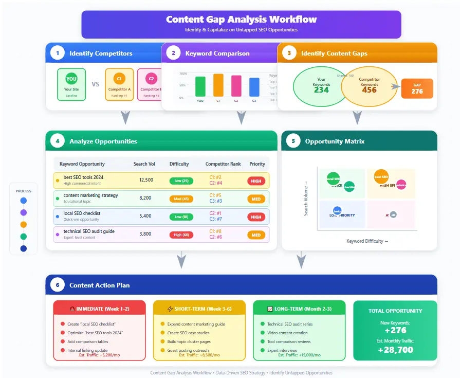 Content gap analysis workflow showing competitor comparison and opportunity identification