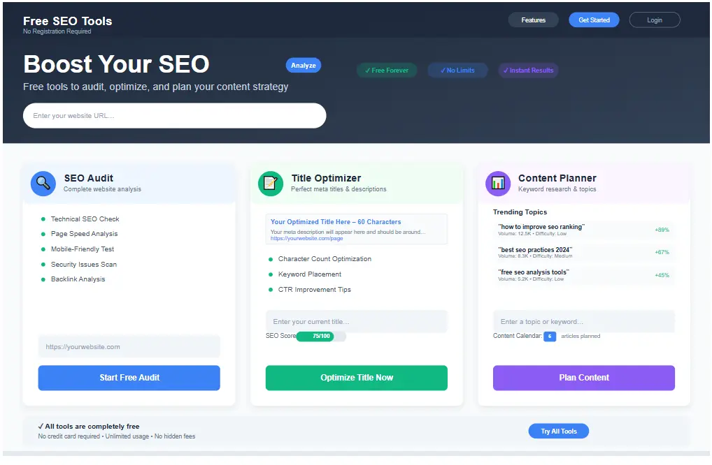 Free SEO Tools interface