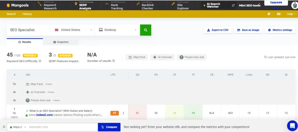 Best SEO Tools keyword research workflow in Mangools showing SERP analysis and difficulty metrics