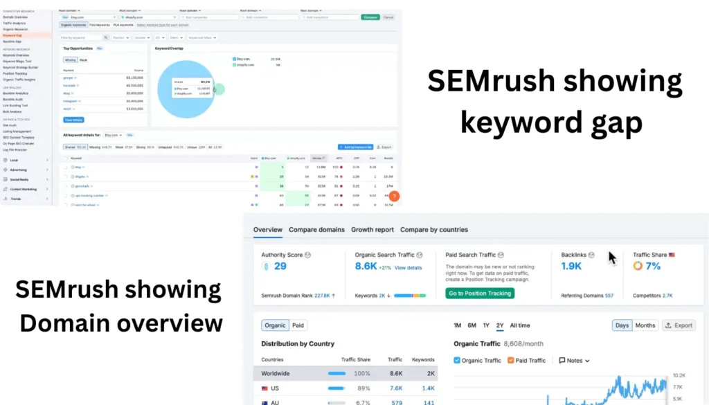 Best SEO Tools competitive research view in SEMrush showing keyword gap and domain overview