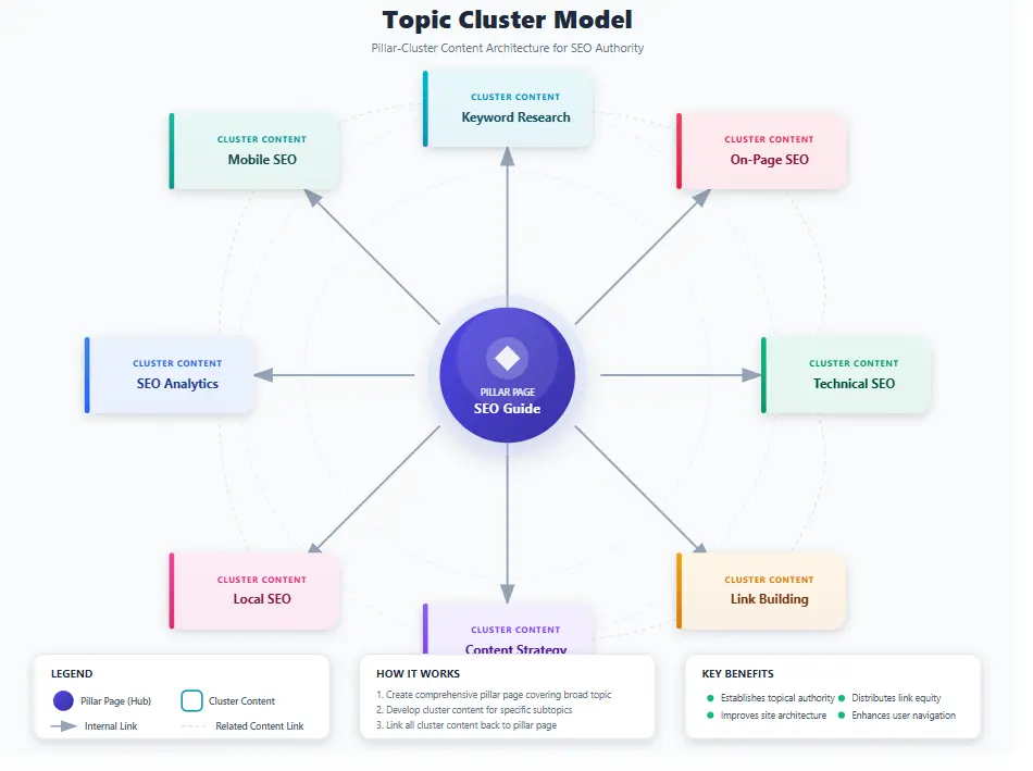 Topic cluster model showing central pillar page connected to multiple cluster content pieces