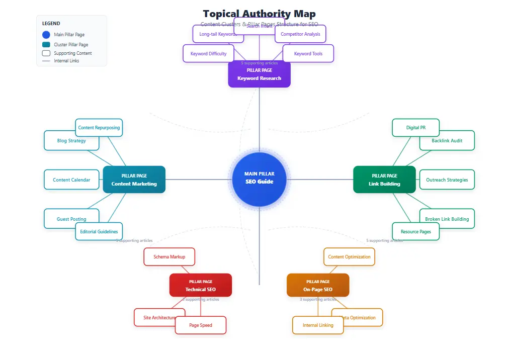 Topical Authority Map for SEO:Topical Authority Map visualization showing interconnected content clusters and pillar pages