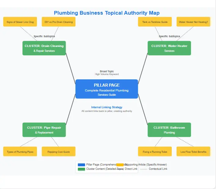 Example of a pillar-cluster model showing how content pieces connect in a topical authority map for SEO
