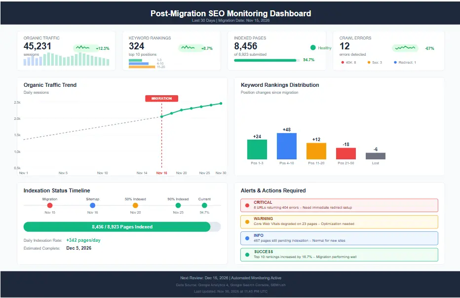 Post-migration monitoring dashboard for tracking indexing, rankings, and organic traffic changes
