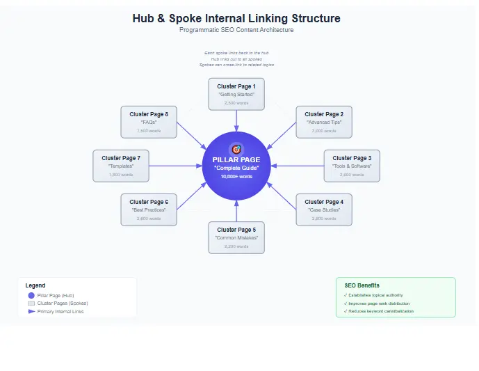 Hub and spoke internal linking structure for programmatic SEO pages