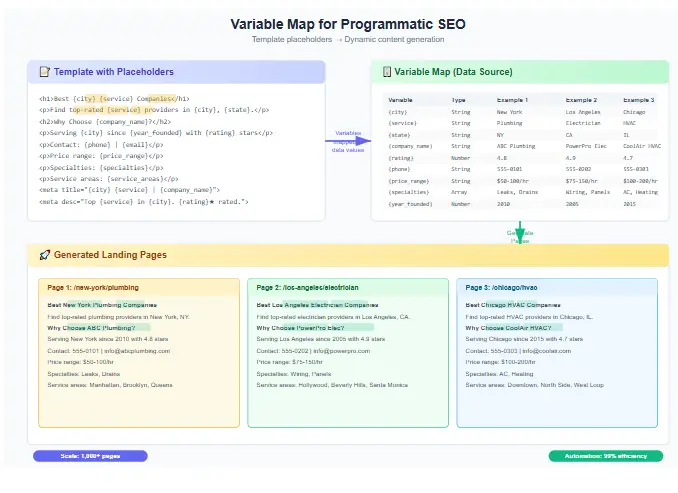 Variable map example showing placeholders used to generate programmatic SEO landing pages
