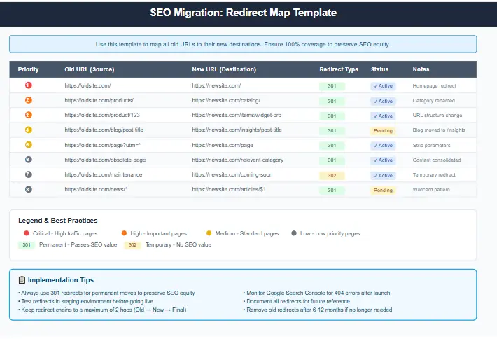 Redirect map template example for mapping old URLs to new URLs during an SEO migration