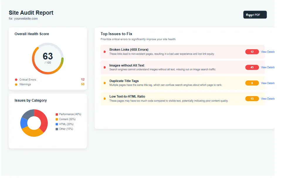 SE Ranking site audit report showing technical SEO issues and priorities