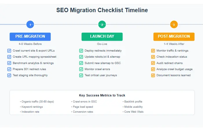 SEO migration checklist timeline showing pre-migration, launch day, and post-migration phases