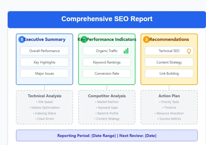 Essential components of a comprehensive SEO report showing executive summary, KPIs, and recommendations