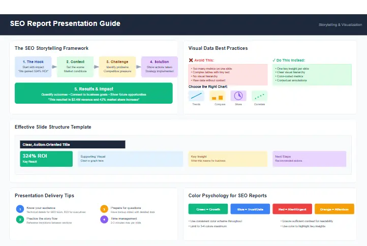 SEO report presentation tips showing storytelling techniques and visual data representation