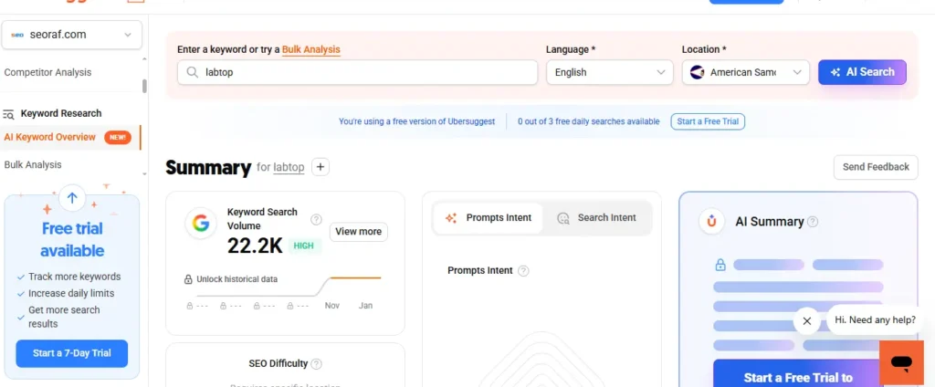 Keyword research dashboard for content planning and traffic analysis