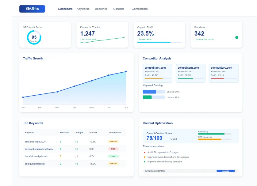 Best SEO Tools dashboard example showing keyword rankings, SEO performance metrics, and optimization workflow