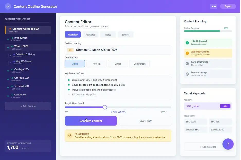 Content Outline Generator dashboard showing structured headings and content planning