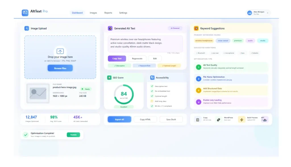 Image Alt Generator Tool dashboard showing alt text suggestions and image SEO checks