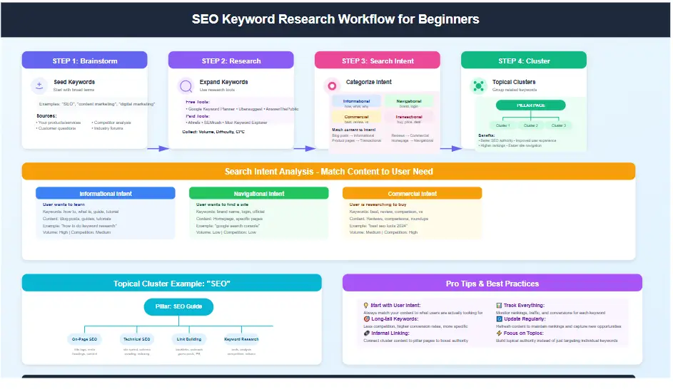 SEO for Beginners keyword research workflow with search intent and topical clusters