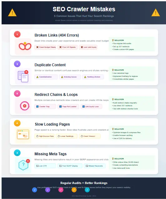SEO Crawler Guide common mistakes infographic showing errors to avoid