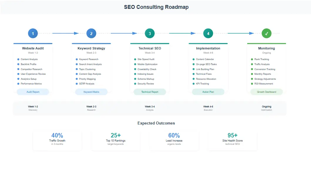 SEO consulting roadmap showing website audit, keyword strategy, technical SEO review, and implementation planning steps