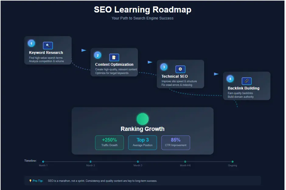 SEO learning roadmap showing step by step search engine optimization process