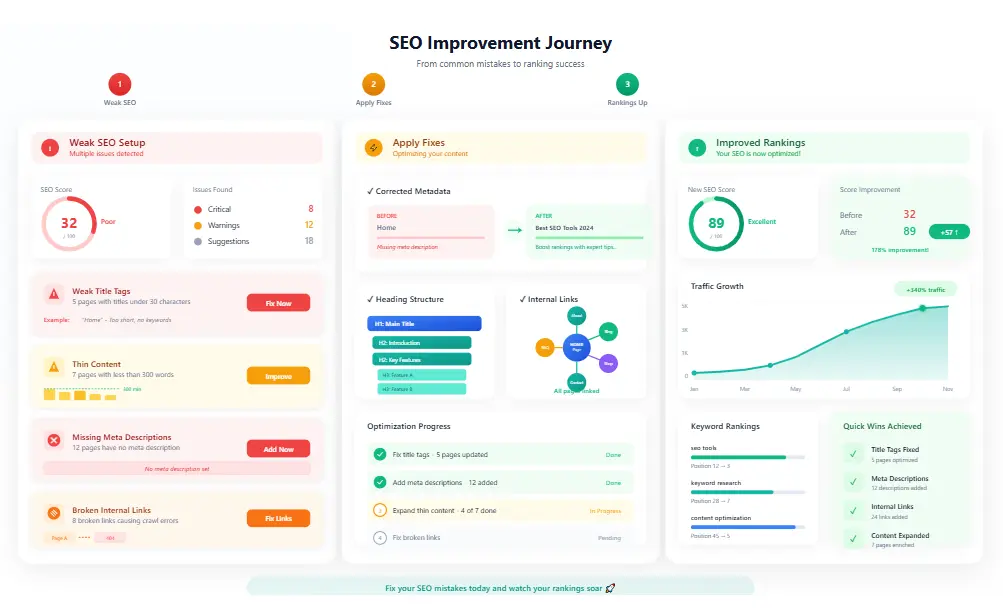 SEO strategy dashboard showing how beginner SEO mistakes are fixed over time