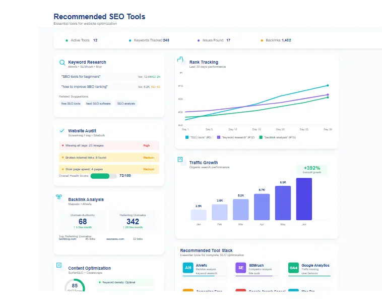 Recommended SEO tools dashboard for keyword research and website optimization