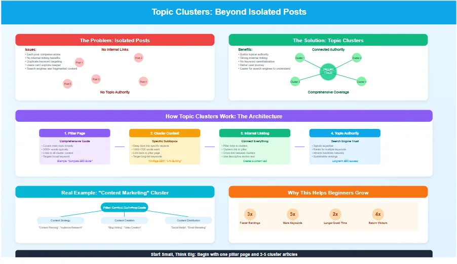 Content cluster map connecting a pillar page to supporting SEO subtopics