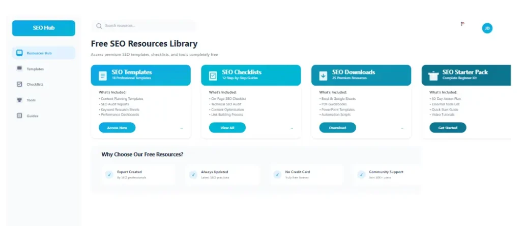 free SEO resources dashboard including templates and SEO checklists