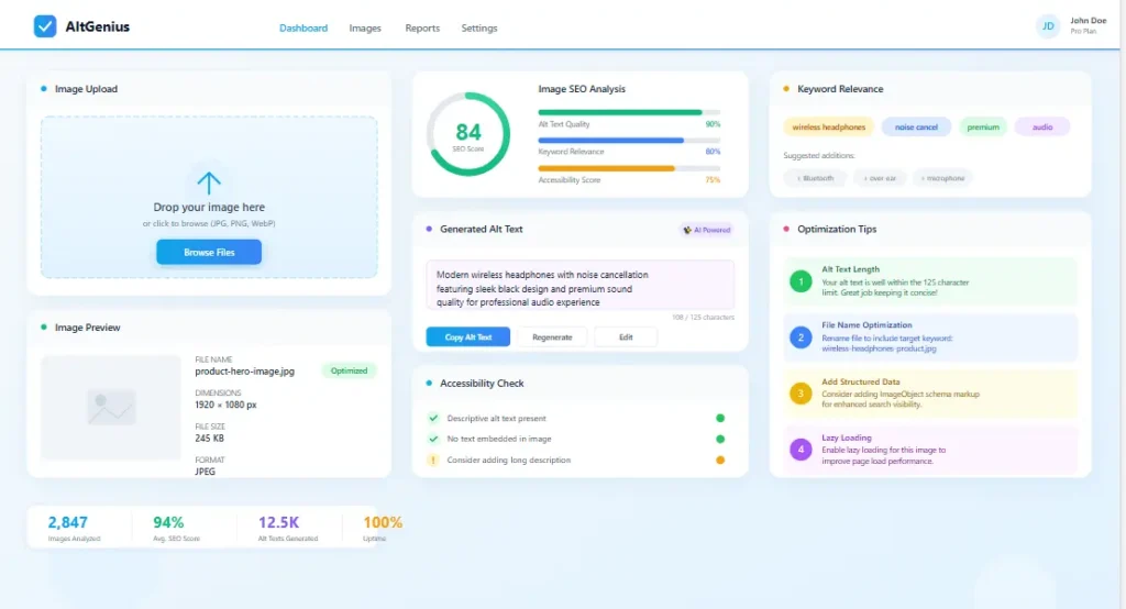 Image Alt Generator dashboard showing alt text suggestions and image SEO checks