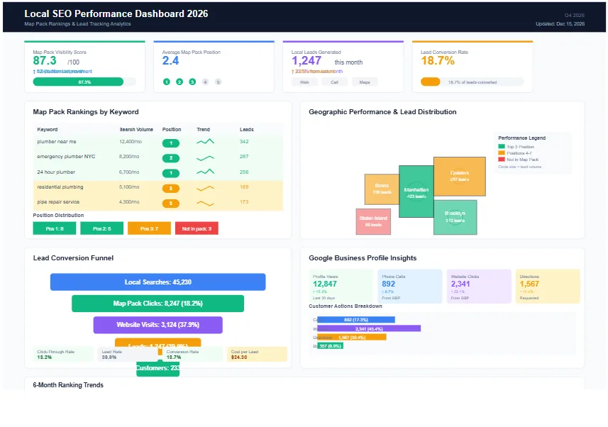 Local SEO reporting dashboard for map pack ranking and lead tracking