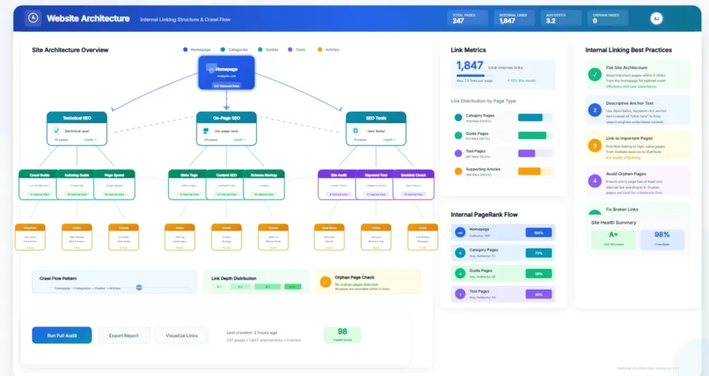Technical SEO Guide diagram showing website architecture, internal linking, and page hierarchy
