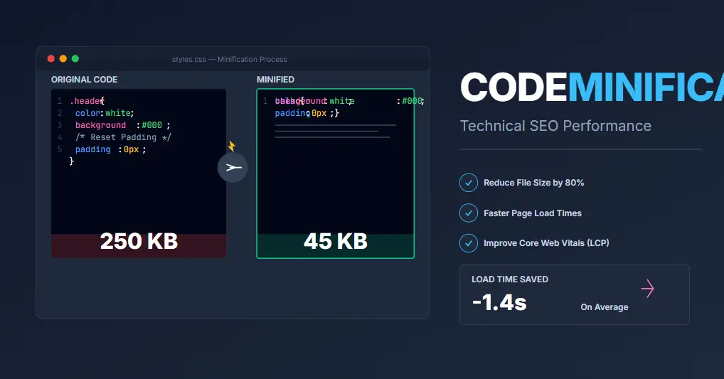 Developer performing code minification for better technical performance SEO