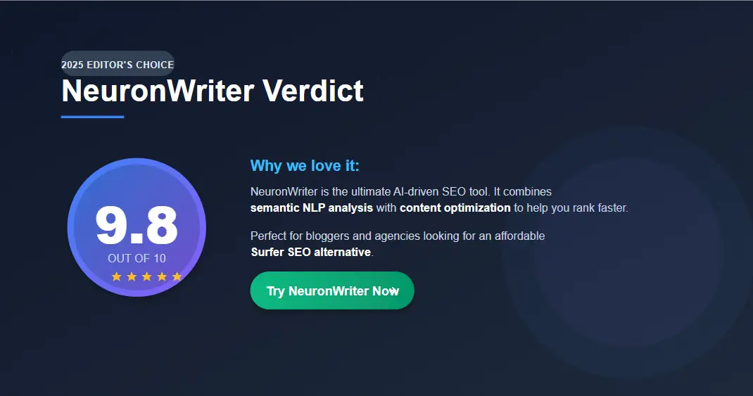 NeuronWriter final verdict section highlighting the rating score and call to action button for the review