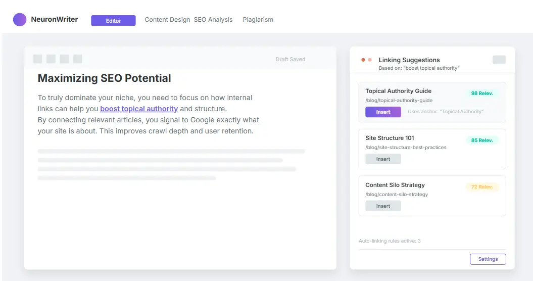 NeuronWriter internal linking suggestions popup showing recommended posts to boost topical authority and site structure