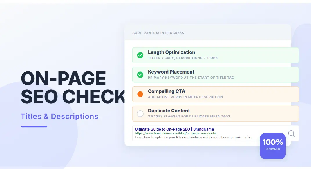On-page optimization checklist showing how to audit a website titles and descriptions