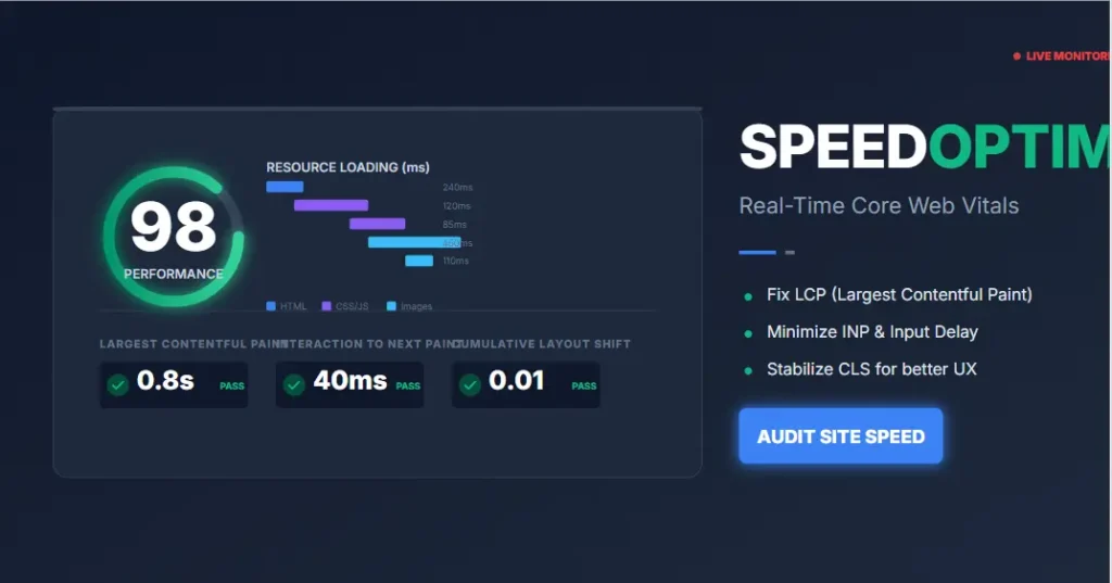 Site speed optimization dashboard showing real-time Core Web Vitals and loading speed optimization metrics