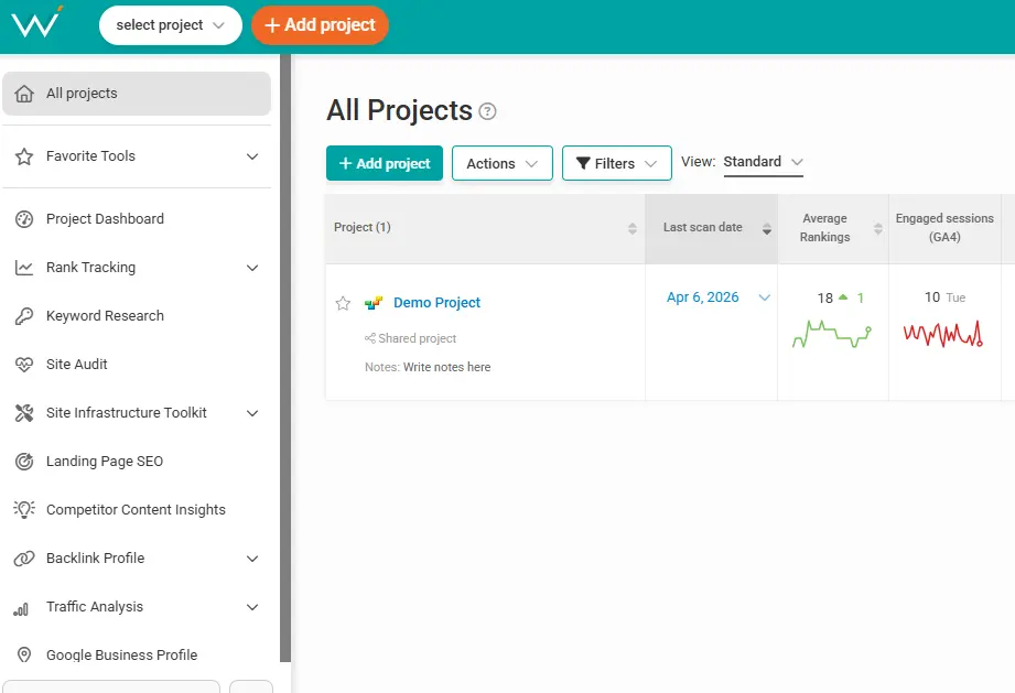 WebCEO SEO tools features dashboard rank tracking audit