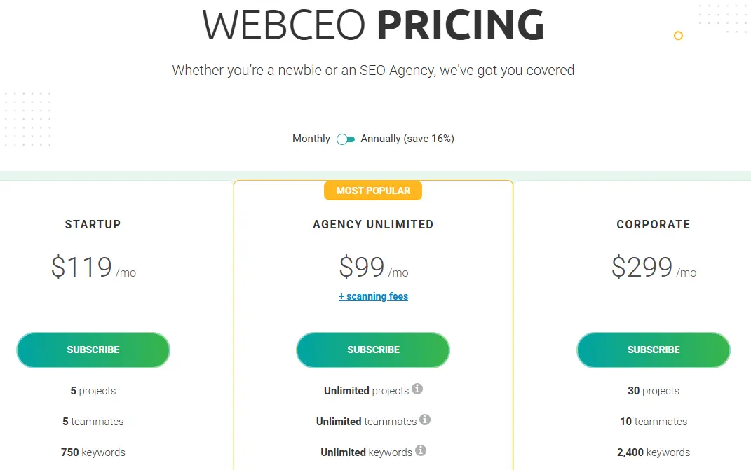 WebCEO pricing plans comparison agencies freelancers