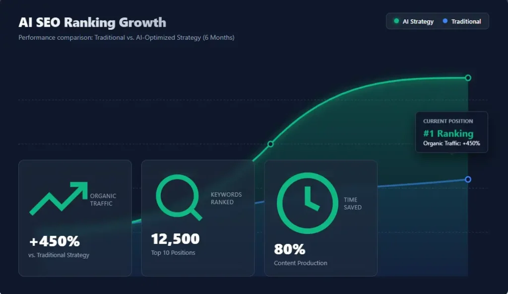 AI SEO ranking growth graph showing success