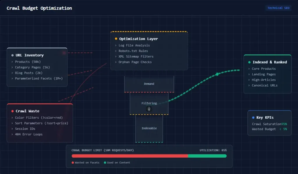 Crawl Budget Optimization Guide for Large Websites technical diagram