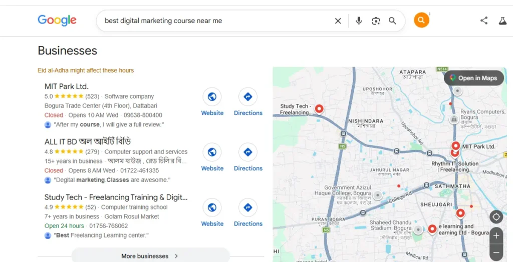 Google Maps SEO local map pack ranking results on a desktop computer screen showing top 3 businesses
