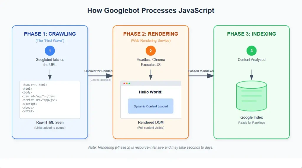 Diagram showing how Googlebot crawls renders and indexes JavaScript websites
