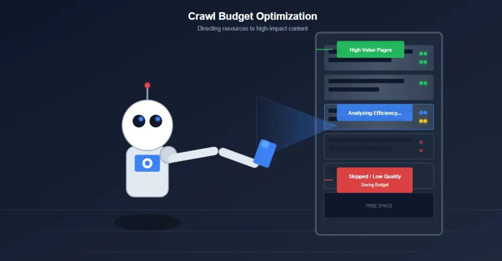 Illustration of a robot scanning a server rack representing Google crawl budget optimization