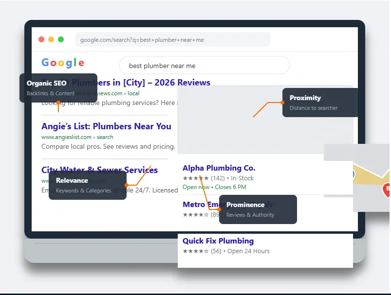 Local SEO ranking factors laptop screen showing Google Maps and organic search results